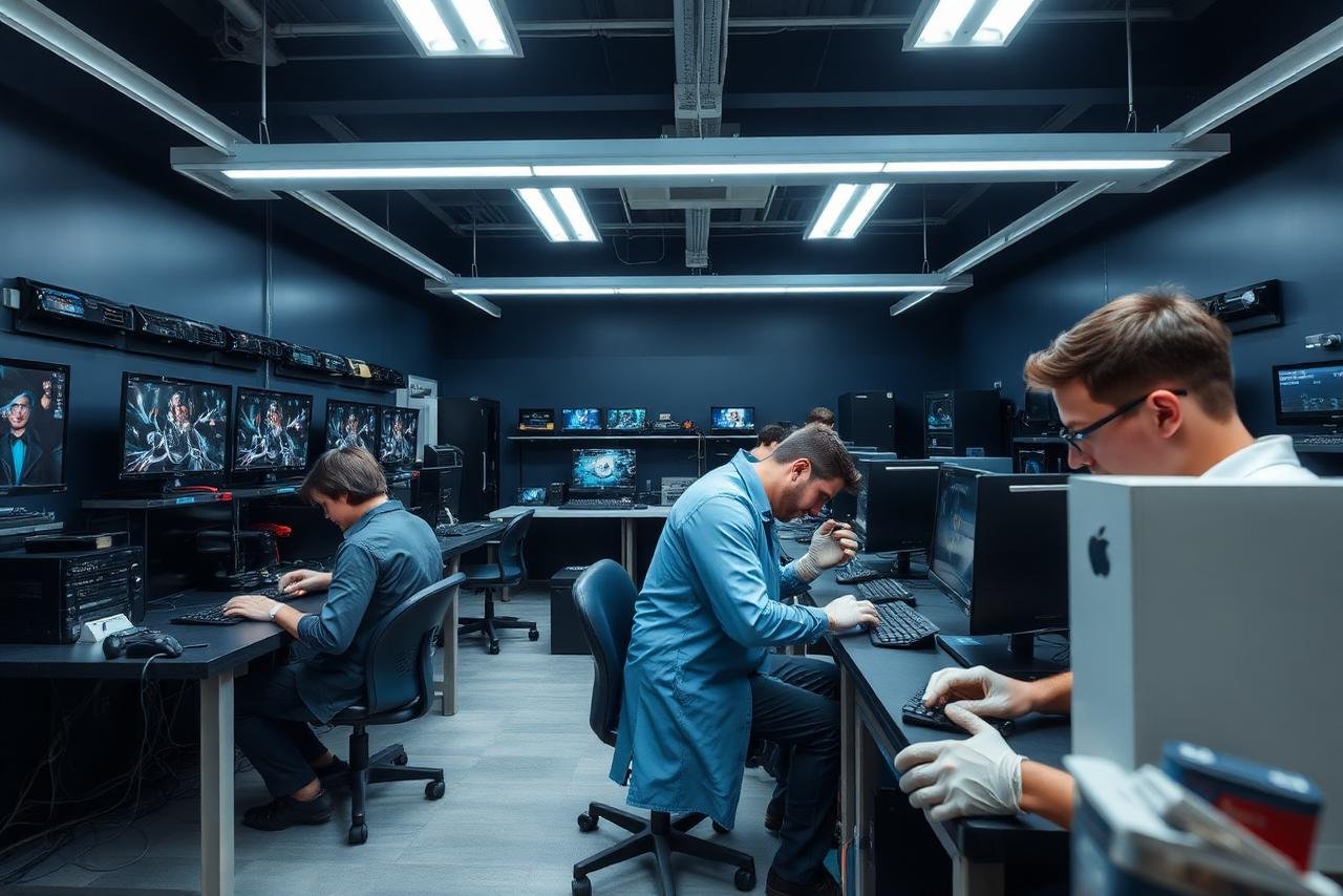 Games Buy repair workshop with technicians at workstations